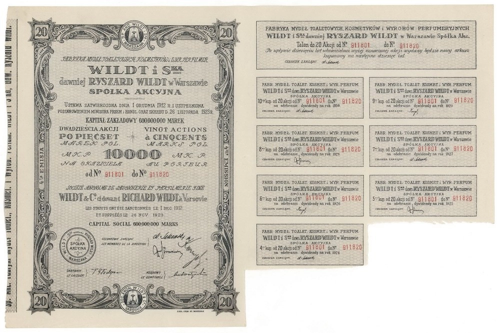 Zdjęcie akcji Fabryka Mydeł Toaletowych, Kosmetyków i Wyrobów Perfumeryjnych "Wildt i S-ka" dawniej Ryszard Wildt w Warszawie Spółka Akcyjna