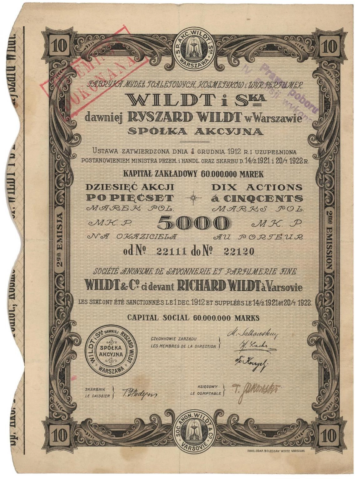 Zdjęcie akcji Fabryka Mydeł Toaletowych, Kosmetyków i Wyrobów Perfumeryjnych "Wildt i S-ka" dawniej Ryszard Wildt w Warszawie Spółka Akcyjna