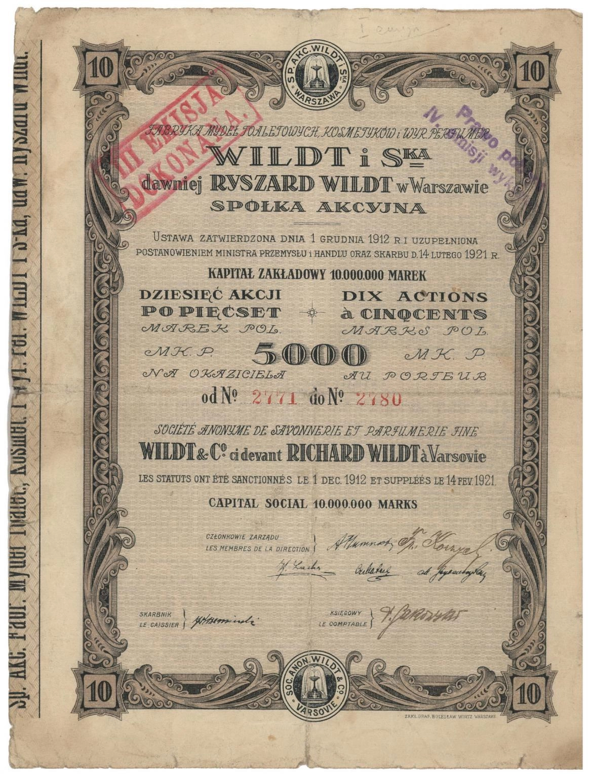 Zdjęcie akcji Fabryka Mydeł Toaletowych, Kosmetyków i Wyrobów Perfumeryjnych "Wildt i S-ka" dawniej Ryszard Wildt w Warszawie Spółka Akcyjna