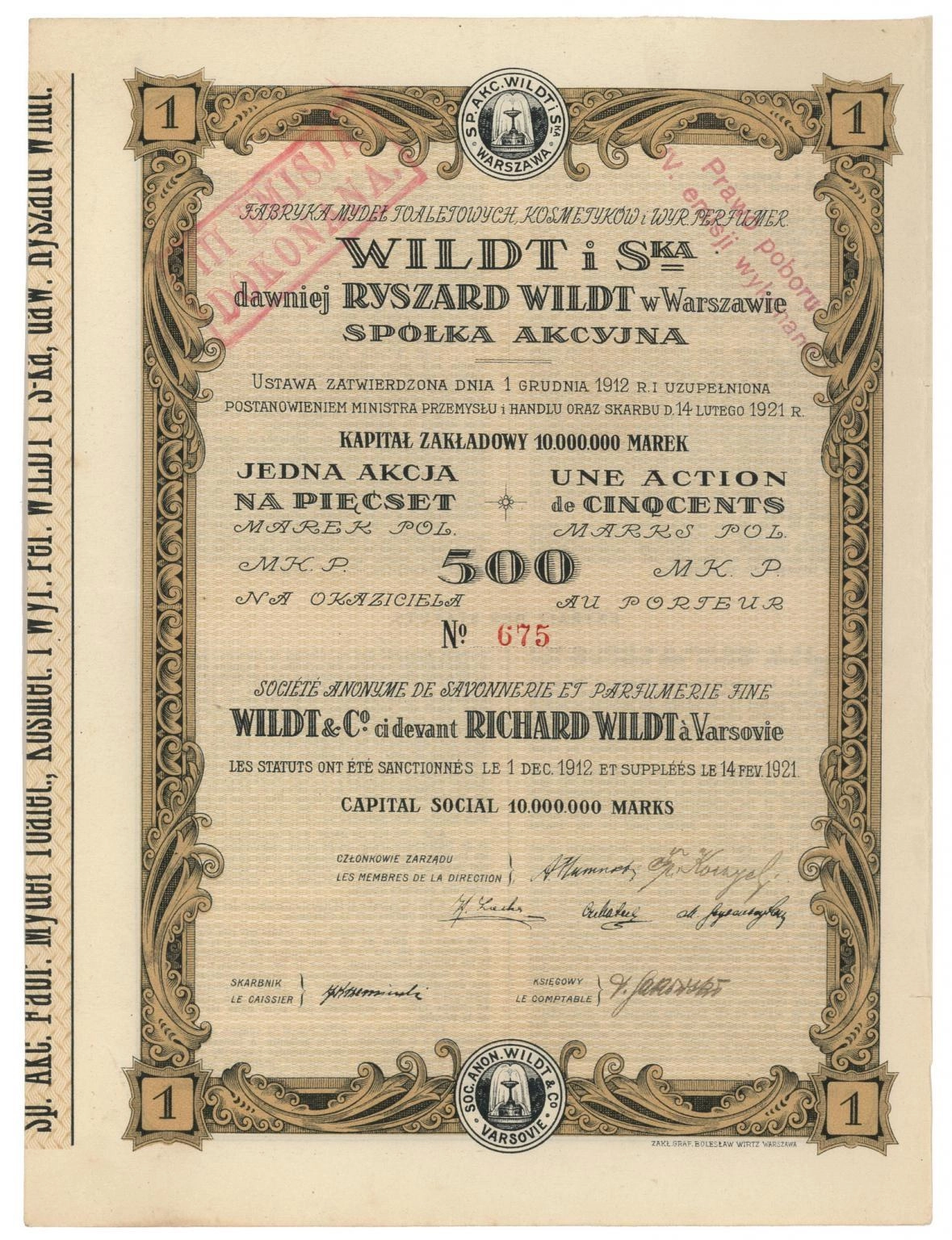 Zdjęcie akcji Fabryka Mydeł Toaletowych, Kosmetyków i Wyrobów Perfumeryjnych "Wildt i S-ka" dawniej Ryszard Wildt w Warszawie Spółka Akcyjna