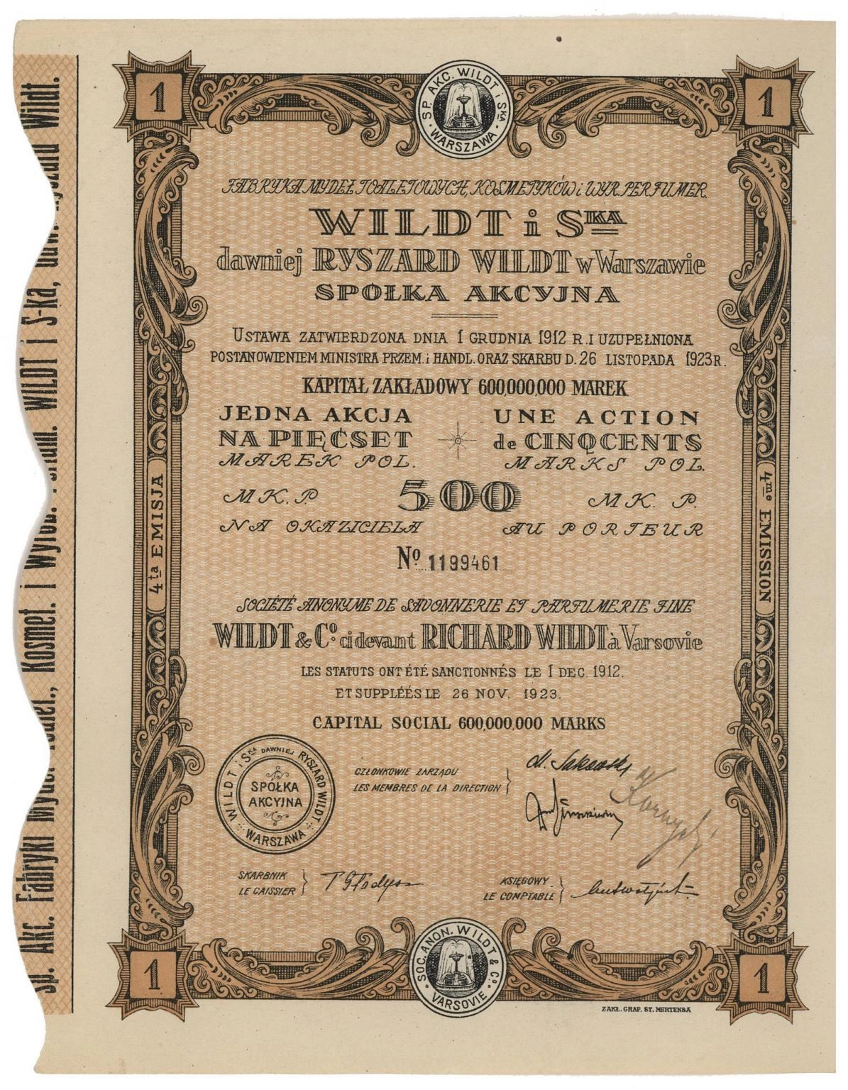 Zdjęcie akcji Fabryka Mydeł Toaletowych, Kosmetyków i Wyrobów Perfumeryjnych "Wildt i S-ka" dawniej Ryszard Wildt w Warszawie Spółka Akcyjna