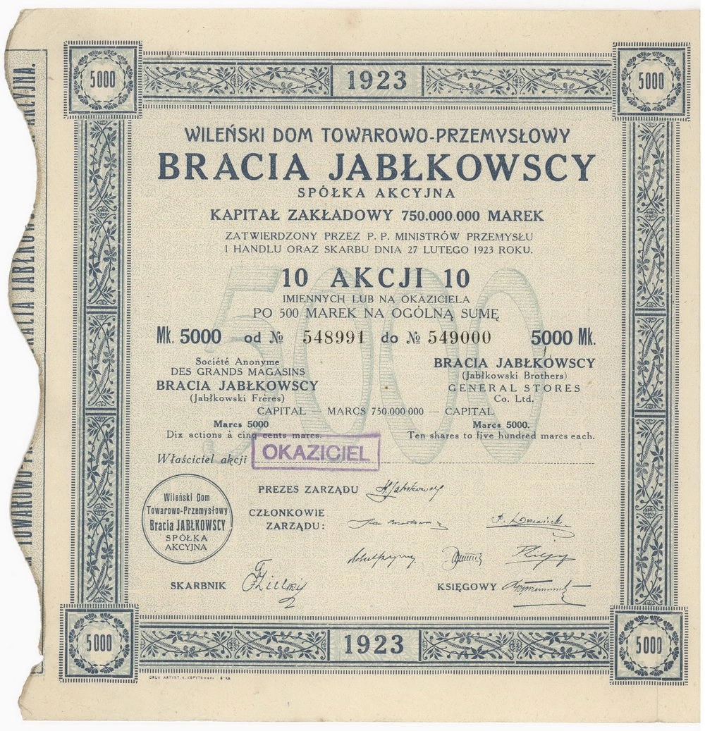 Zdjęcie akcji Wileński Dom Towarowo-Przemysłowy "Bracia Jabłkowscy" Spółka Akcyjna