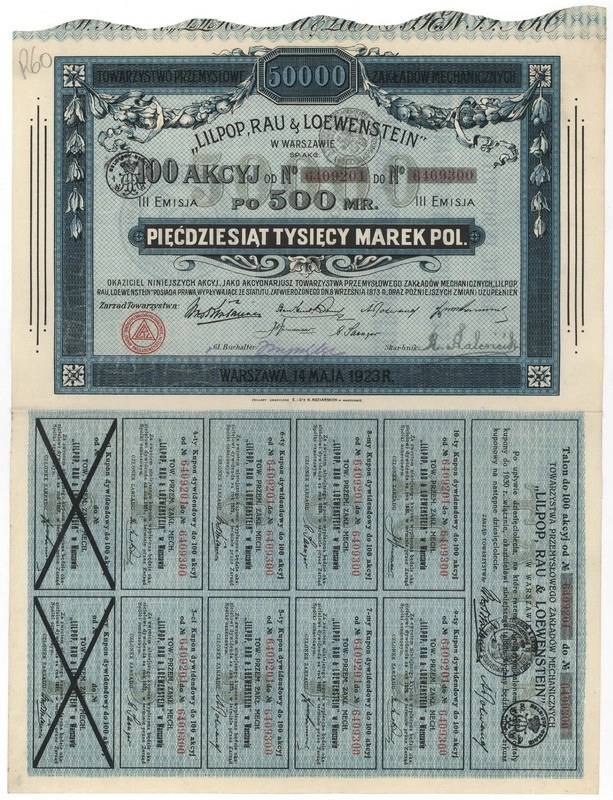Zdjęcie akcji Towarzystwo Przemysłowe Zakładów Mechanicznych "Lilpop, Rau i Loewenstein" w Warszawie Spółka Akcyjna
