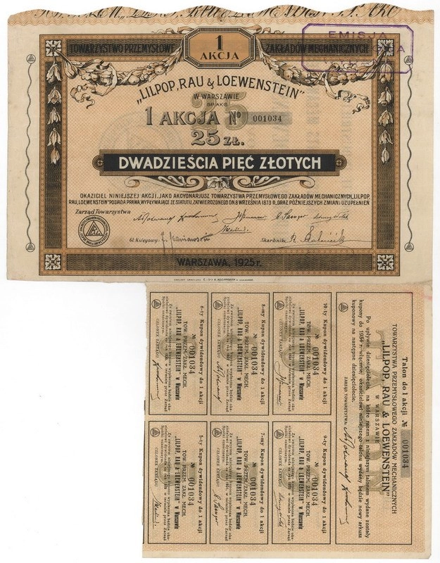 Zdjęcie akcji Towarzystwo Przemysłowe Zakładów Mechanicznych "Lilpop, Rau i Loewenstein" w Warszawie Spółka Akcyjna
