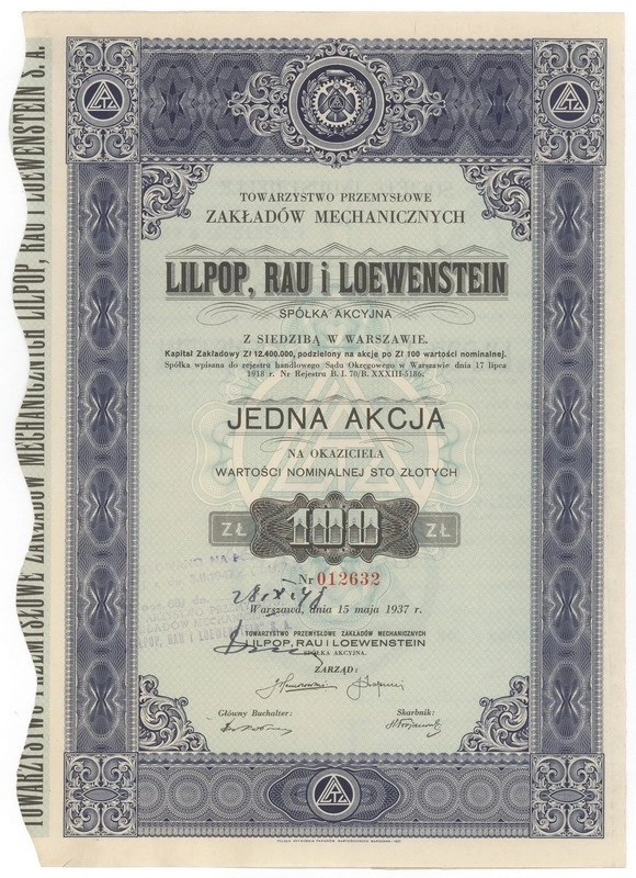 Zdjęcie akcji Towarzystwo Przemysłowe Zakładów Mechanicznych "Lilpop, Rau i Loewenstein" w Warszawie Spółka Akcyjna