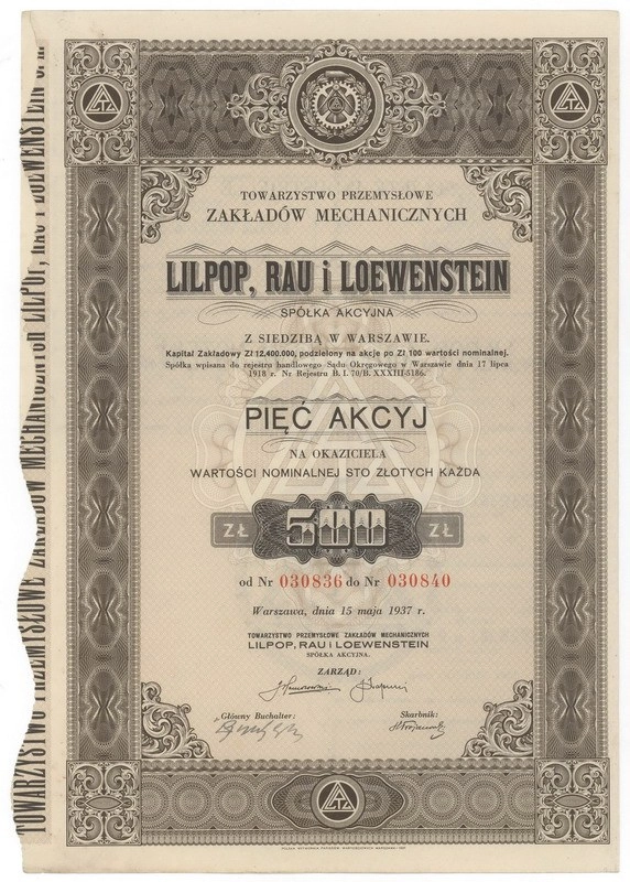 Zdjęcie akcji Towarzystwo Przemysłowe Zakładów Mechanicznych "Lilpop, Rau i Loewenstein" w Warszawie Spółka Akcyjna