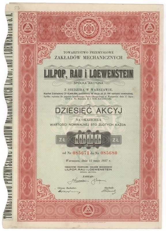 Zdjęcie akcji Towarzystwo Przemysłowe Zakładów Mechanicznych "Lilpop, Rau i Loewenstein" w Warszawie Spółka Akcyjna