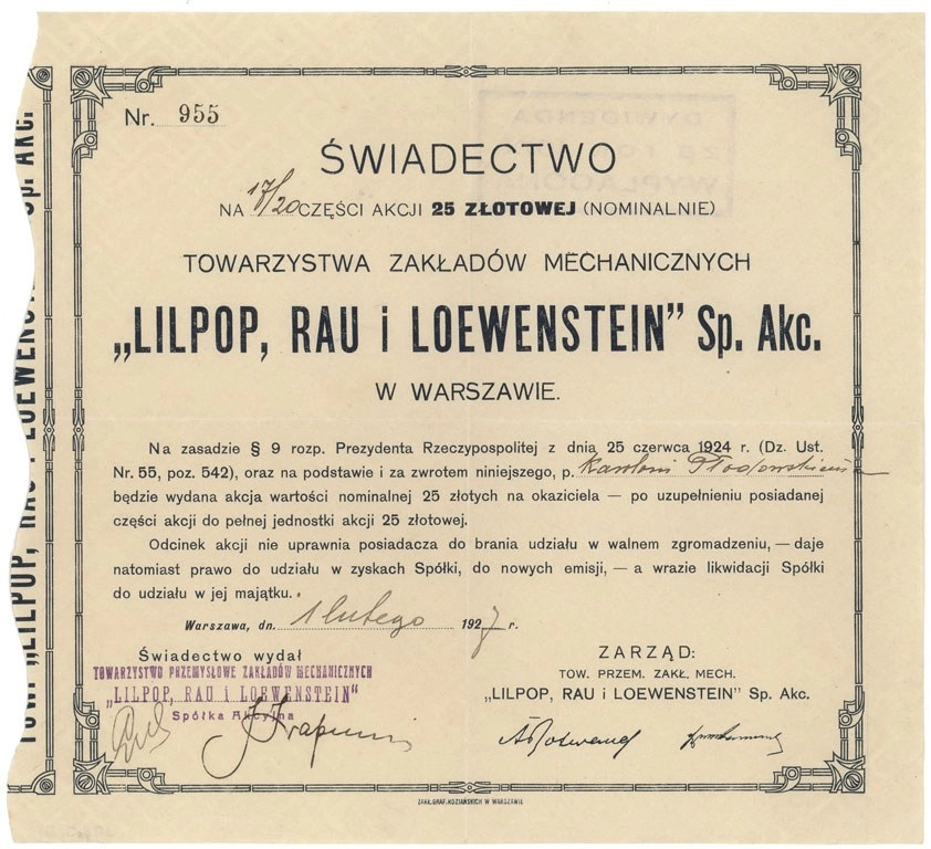 Zdjęcie akcji Towarzystwo Przemysłowe Zakładów Mechanicznych "Lilpop, Rau i Loewenstein" w Warszawie Spółka Akcyjna