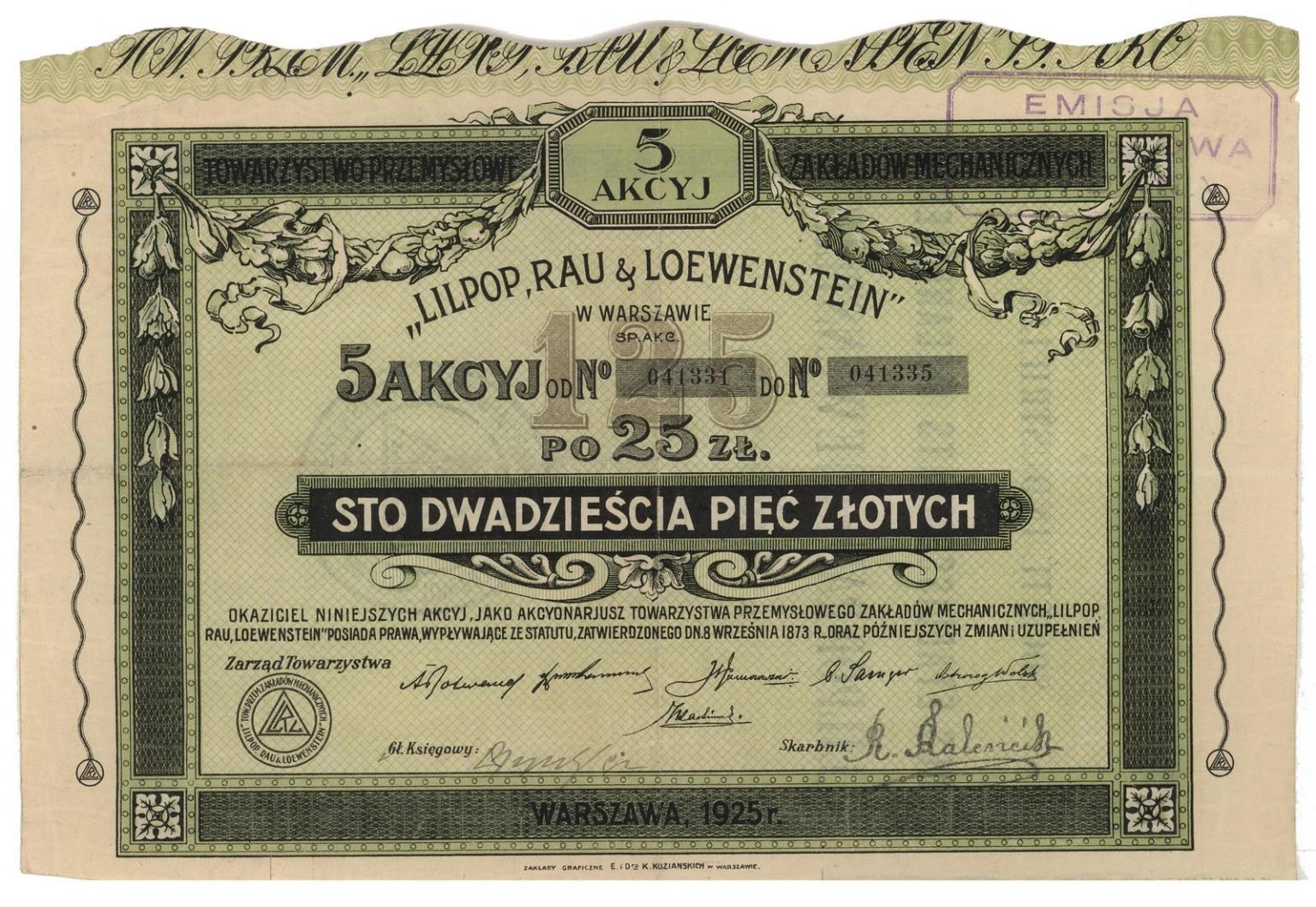 Zdjęcie akcji Towarzystwo Przemysłowe Zakładów Mechanicznych "Lilpop, Rau i Loewenstein" w Warszawie Spółka Akcyjna