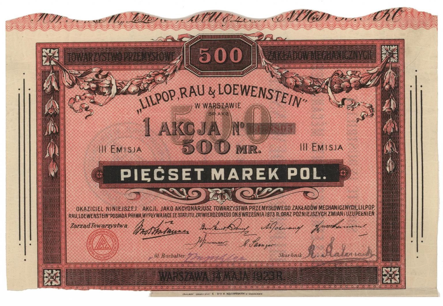 Zdjęcie akcji Towarzystwo Przemysłowe Zakładów Mechanicznych "Lilpop, Rau i Loewenstein" w Warszawie Spółka Akcyjna