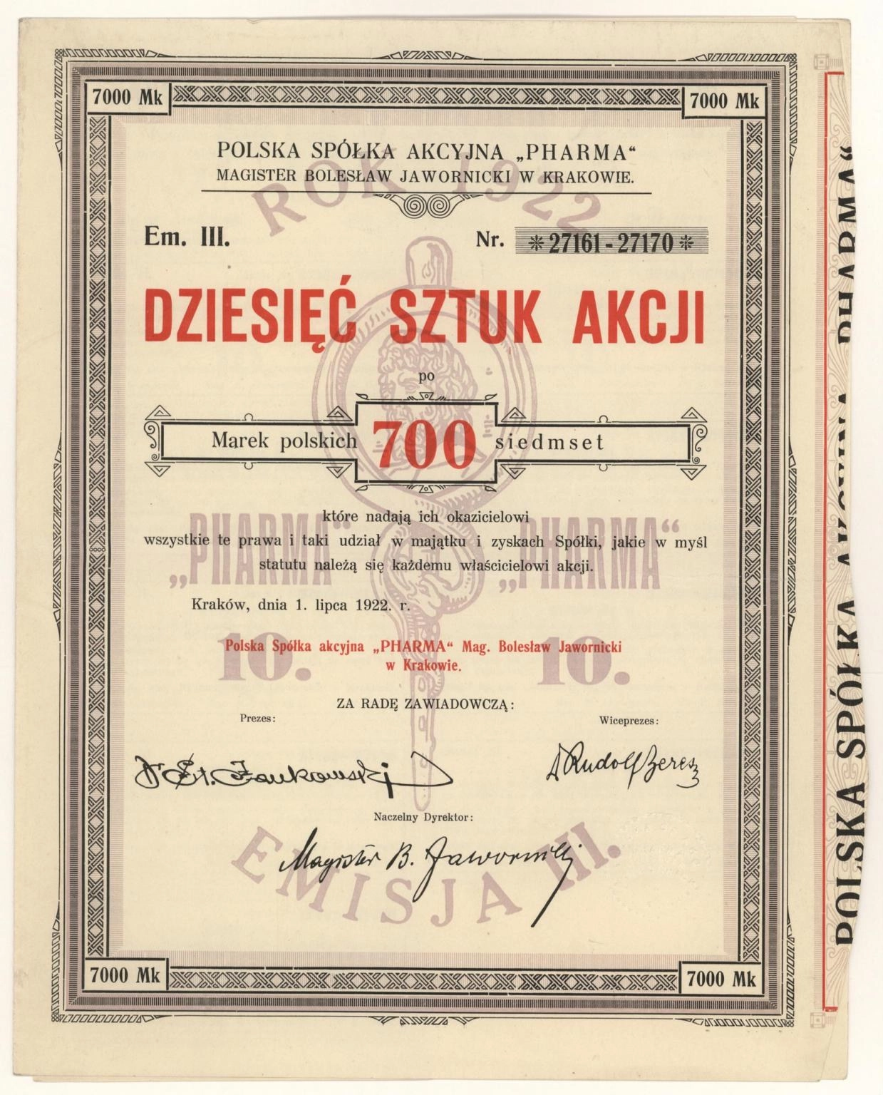 Zdjęcie akcji Polska Spółka Akcyjna "Pharma" Magister Bolesław Jawornicki w Krakowie