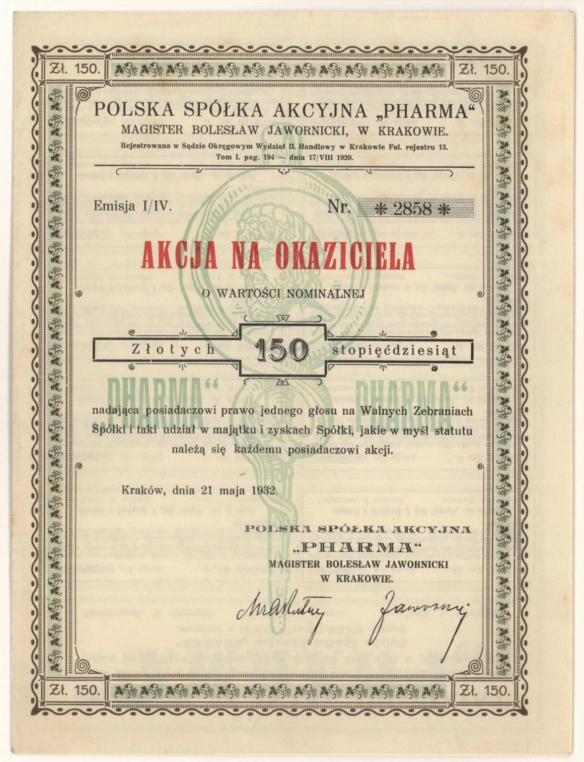 Zdjęcie akcji Polska Spółka Akcyjna "Pharma" Magister Bolesław Jawornicki w Krakowie