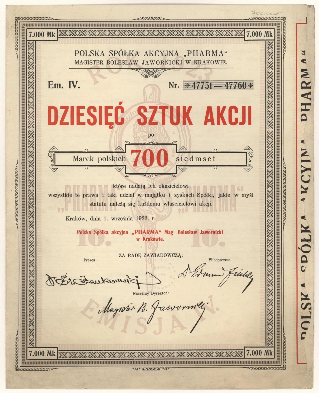 Zdjęcie akcji Polska Spółka Akcyjna "Pharma" Magister Bolesław Jawornicki w Krakowie
