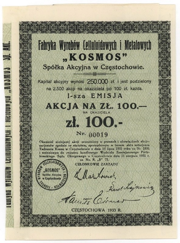 Zdjęcie akcji Fabryka Wyrobów Celluloidowych i Metalowych "Kosmos" Spółka Akcyjna