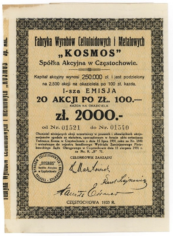 Zdjęcie akcji Fabryka Wyrobów Celluloidowych i Metalowych "Kosmos" Spółka Akcyjna