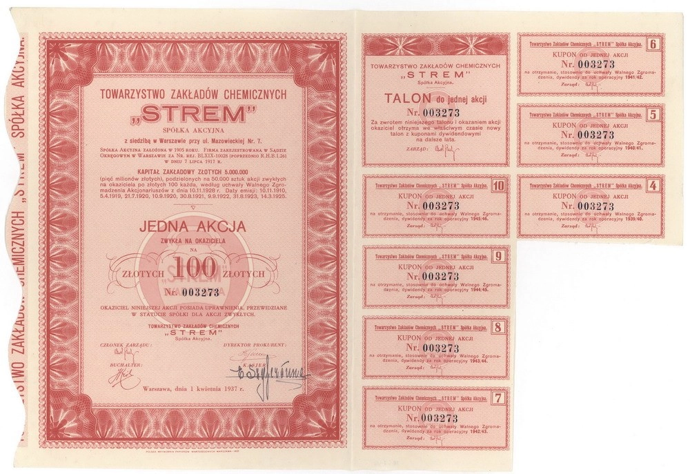 Zdjęcie akcji Towarzystwo Zakładów Chemicznych "Strem" Spółka Akcyjna