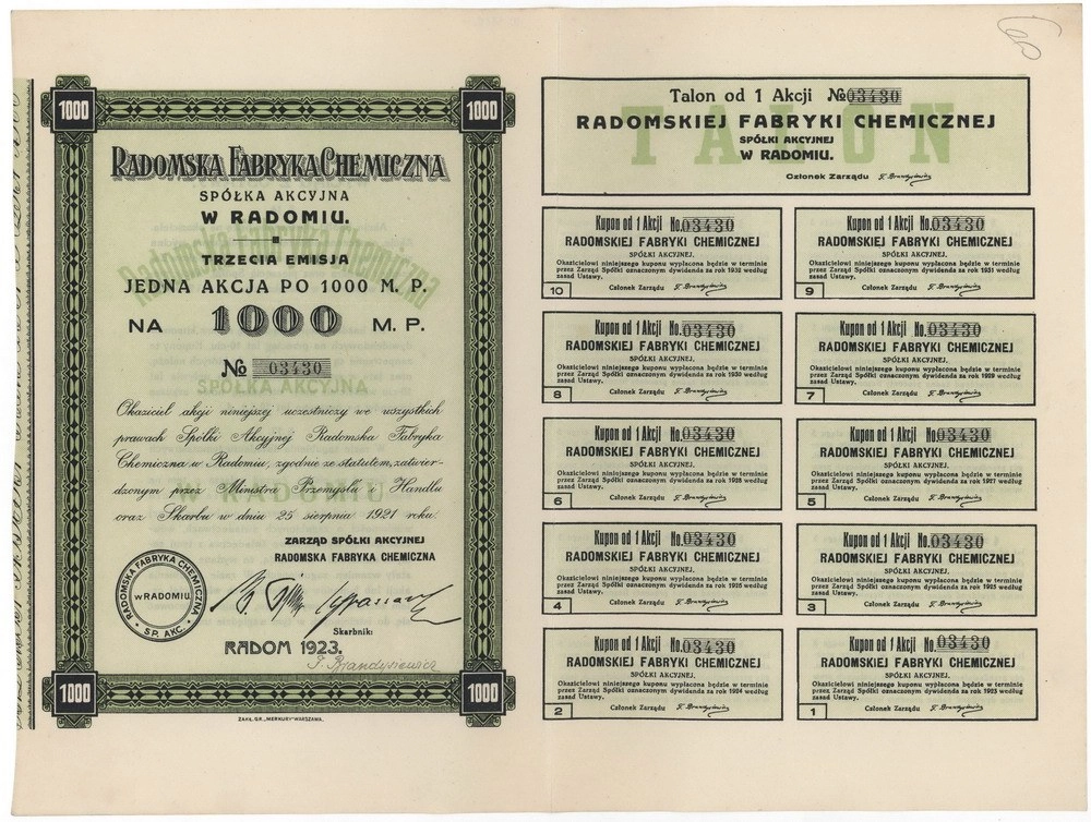 Zdjęcie akcji Radomska Fabryka Chemiczna Spółka Akcyjna w Radomiu