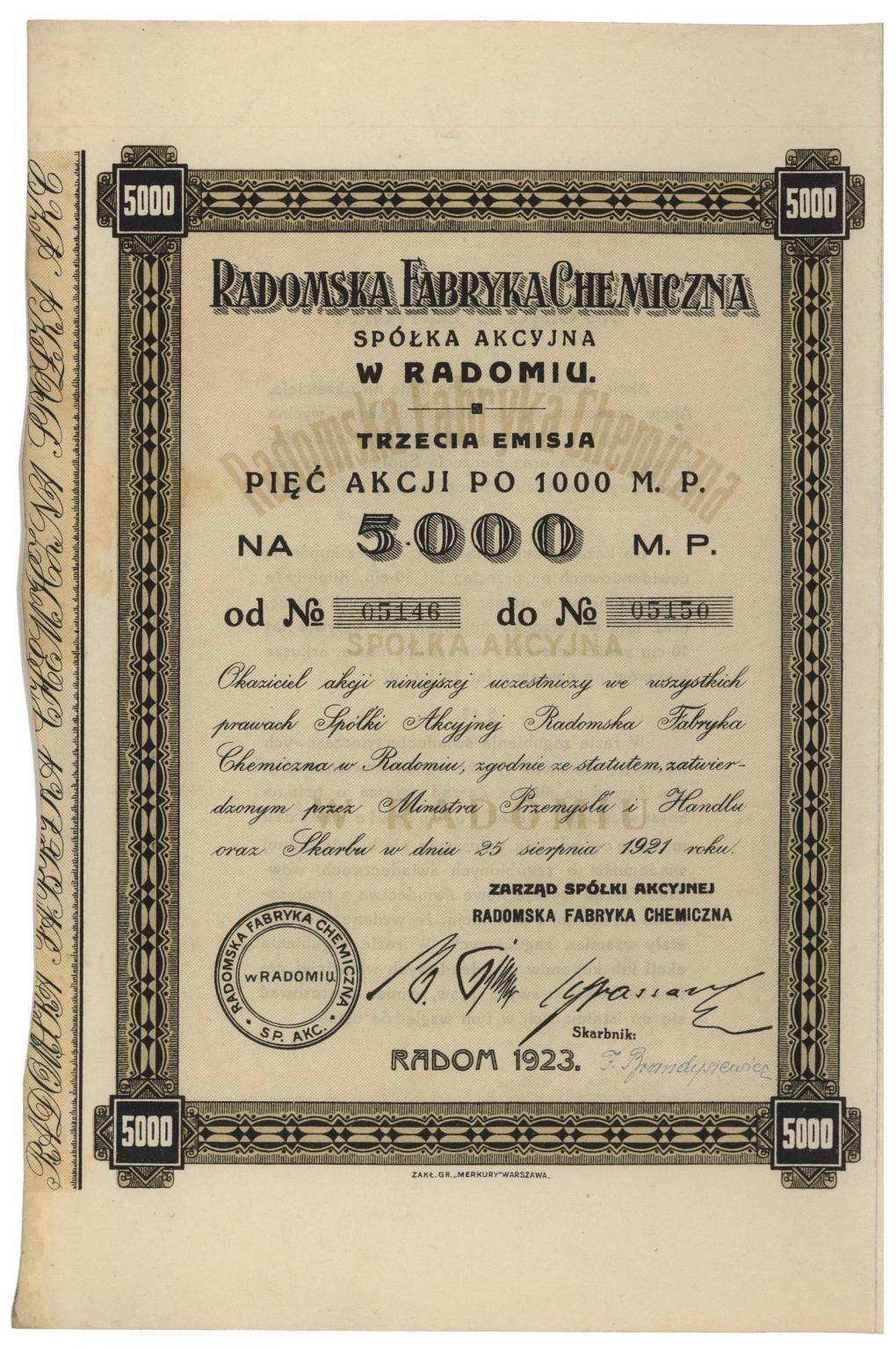 Zdjęcie akcji Radomska Fabryka Chemiczna Spółka Akcyjna w Radomiu