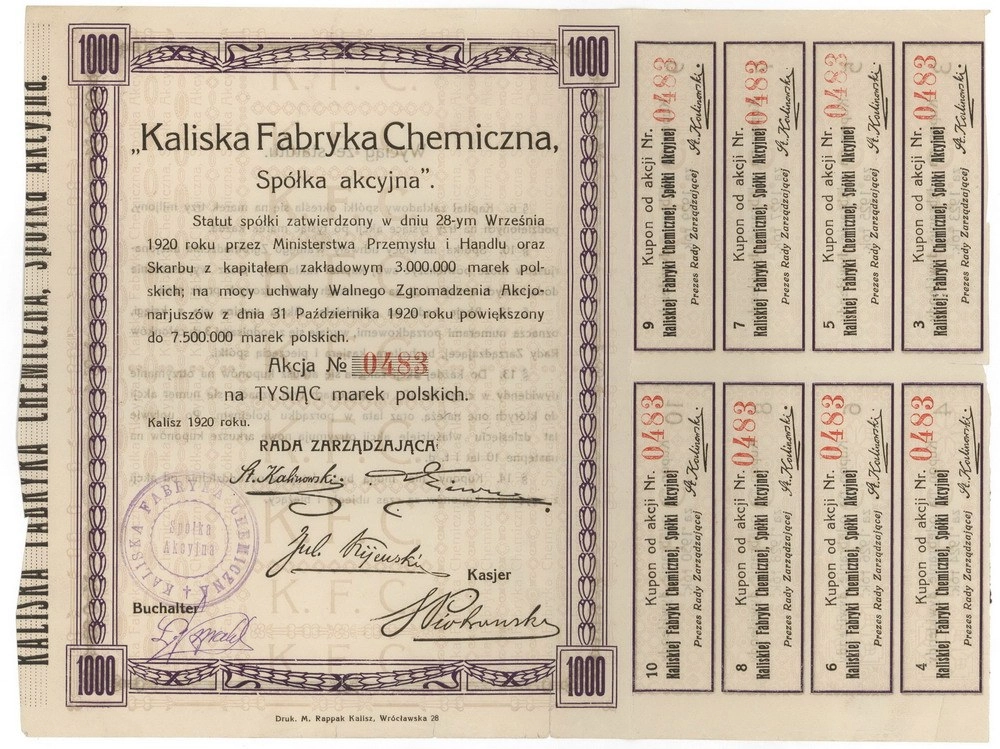 Zdjęcie akcji Kaliska Fabryka Chemiczna Spółka Akcyjna
