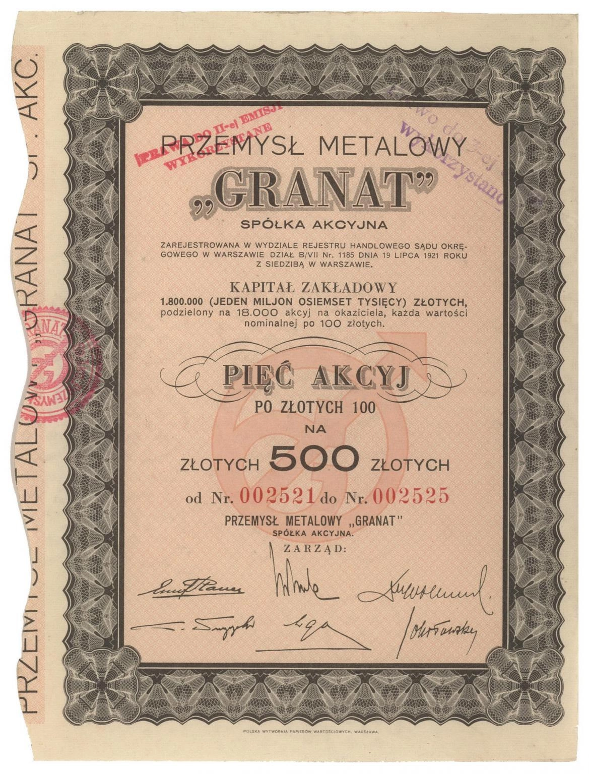 Zdjęcie akcji Przemysł Metalowy "Granat" Spółka Akcyjna