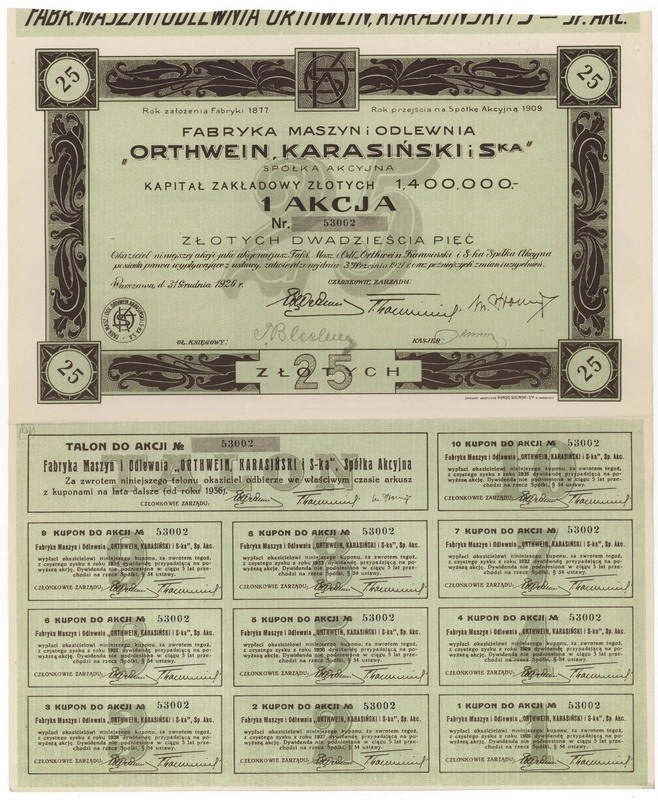 Zdjęcie akcji Fabryka Maszyn i Odlewnia "Orthwein, Karasiński i S-ka" Spółka Akcyjna