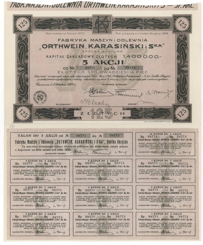 Zdjęcie akcji Fabryka Maszyn i Odlewnia "Orthwein, Karasiński i S-ka" Spółka Akcyjna