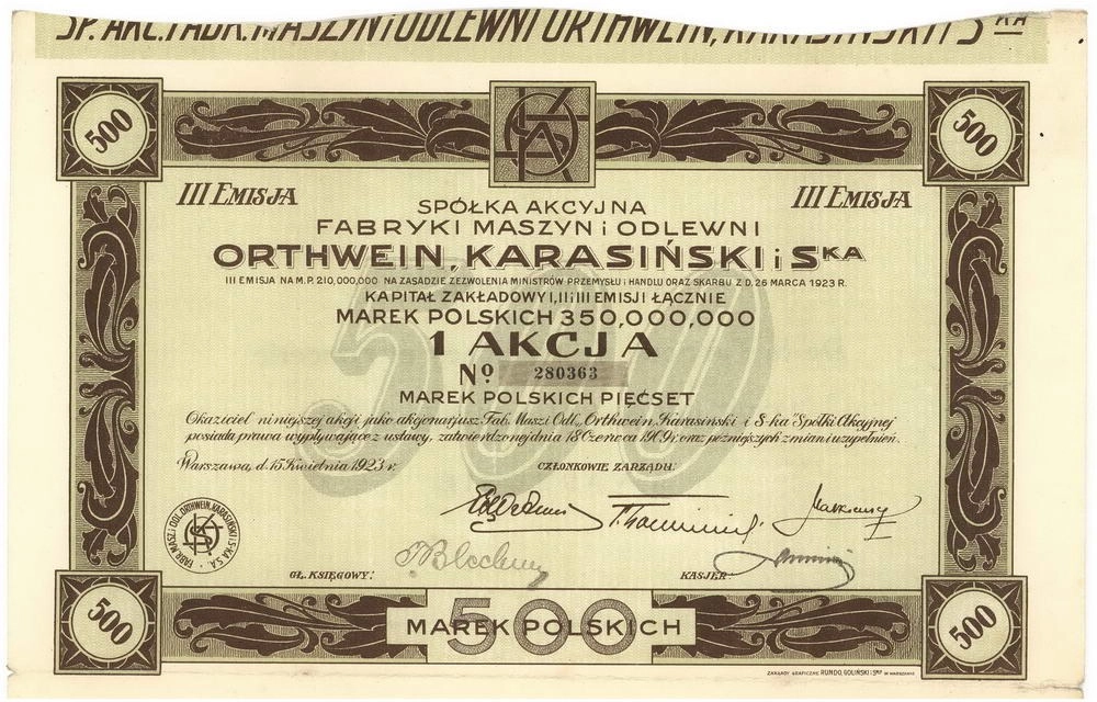 Zdjęcie akcji Fabryka Maszyn i Odlewnia "Orthwein, Karasiński i S-ka" Spółka Akcyjna