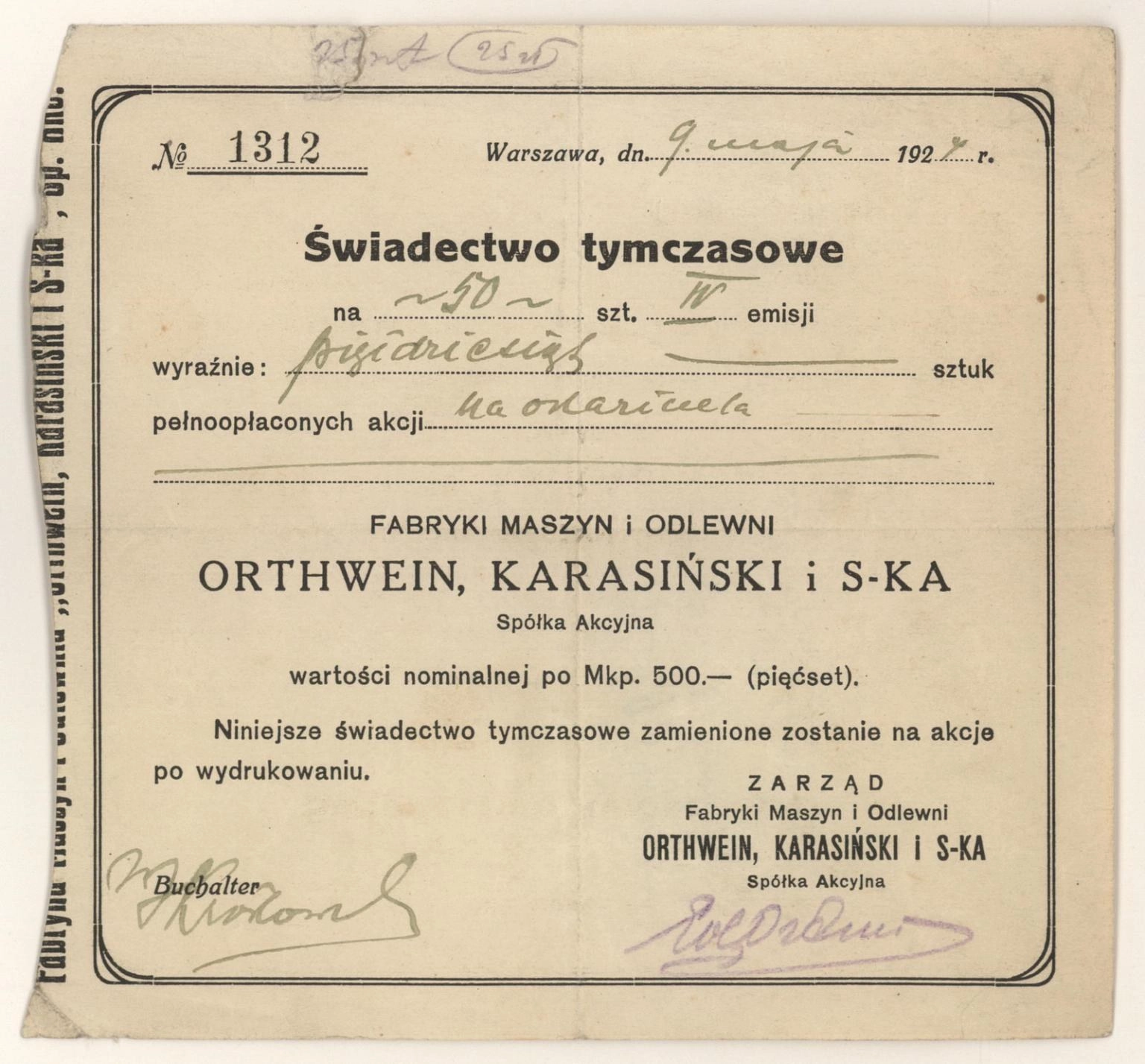 Zdjęcie akcji Fabryka Maszyn i Odlewnia "Orthwein, Karasiński i S-ka" Spółka Akcyjna