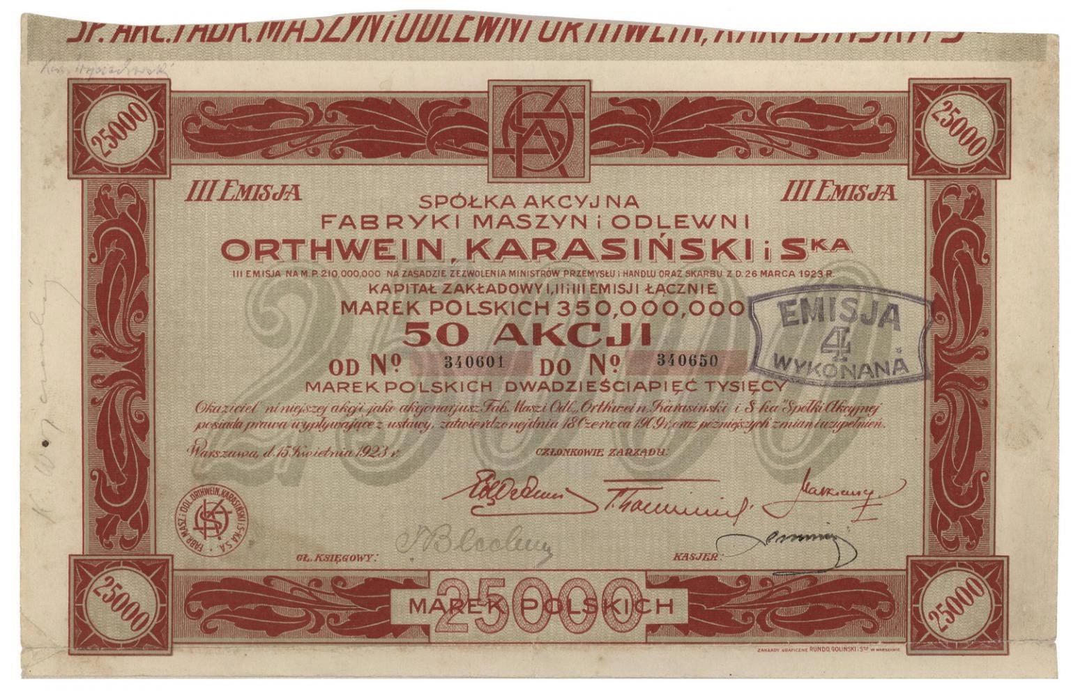 Zdjęcie akcji Fabryka Maszyn i Odlewnia "Orthwein, Karasiński i S-ka" Spółka Akcyjna