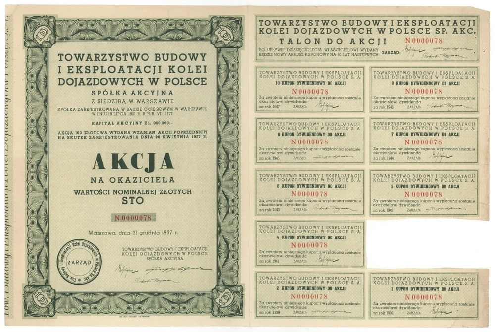 Zdjęcie akcji Towarzystwo Budowy i Eksploatacji Kolei Dojazdowych w Polsce Spółka Akcyjna