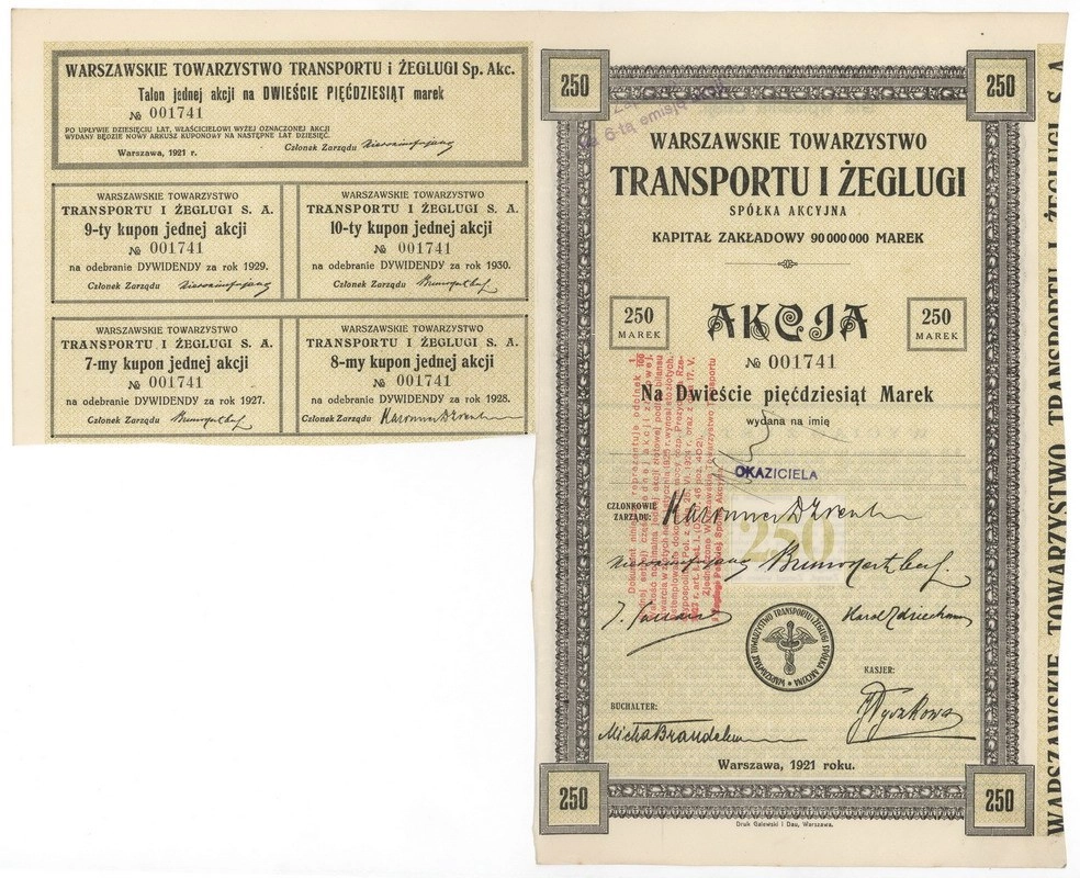 Zdjęcie akcji Warszawskie Towarzystwo Transportu i Żeglugi Spółka Akcyjna