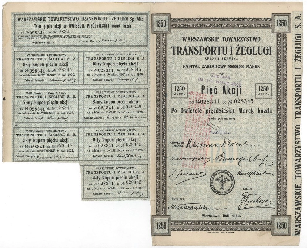 Zdjęcie akcji Warszawskie Towarzystwo Transportu i Żeglugi Spółka Akcyjna