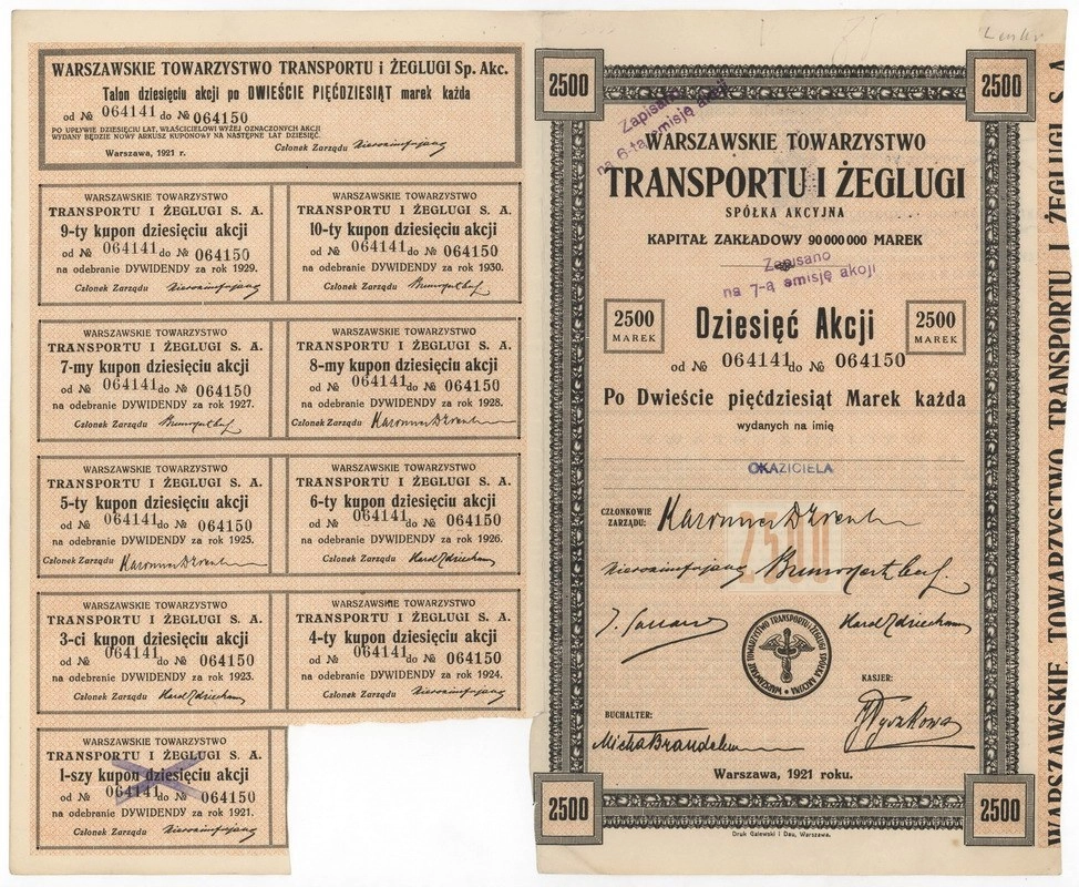 Zdjęcie akcji Warszawskie Towarzystwo Transportu i Żeglugi Spółka Akcyjna