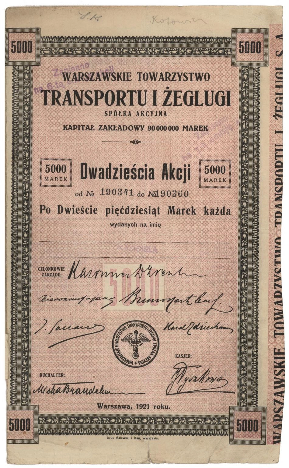 Zdjęcie akcji Warszawskie Towarzystwo Transportu i Żeglugi Spółka Akcyjna