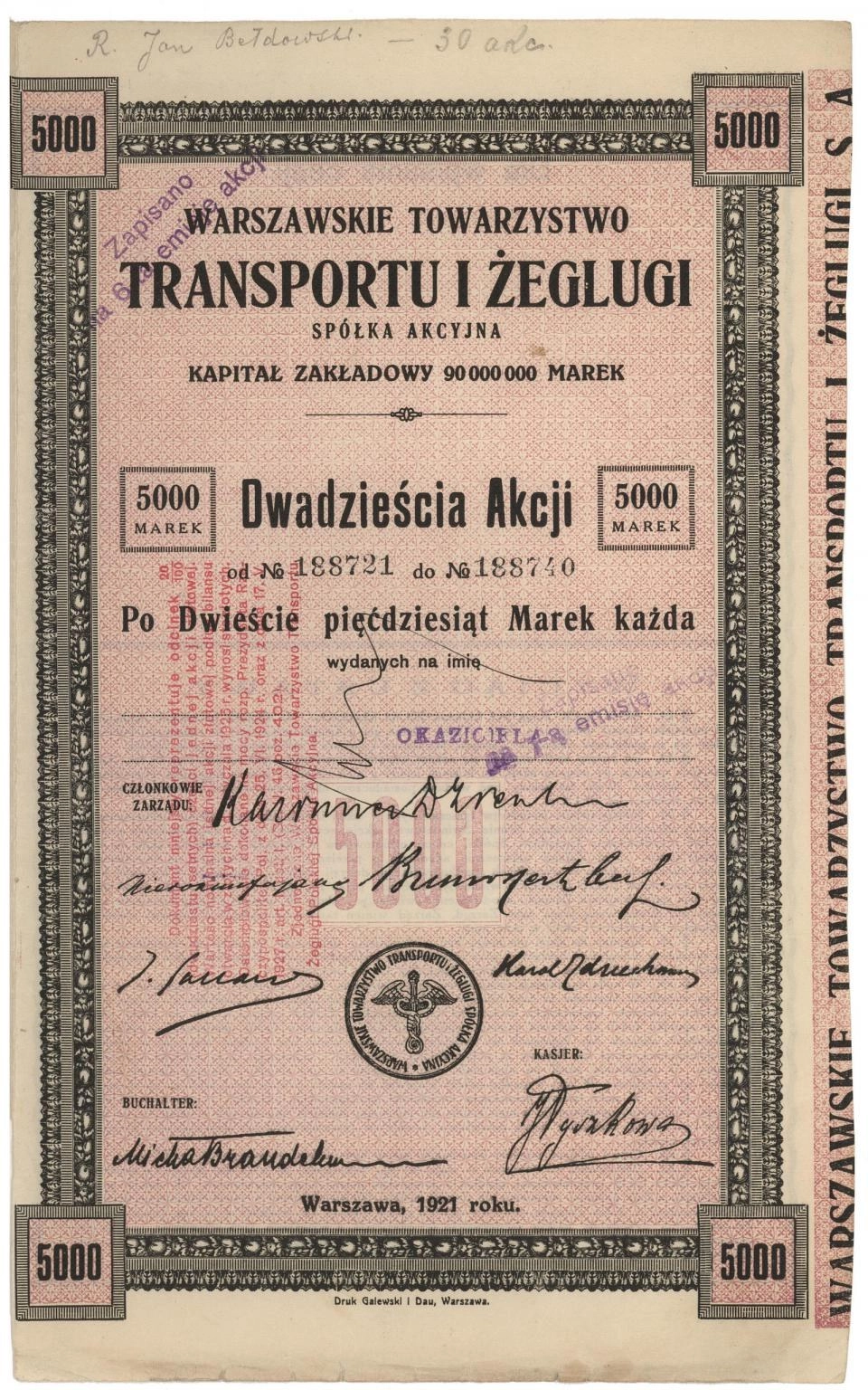 Zdjęcie akcji Warszawskie Towarzystwo Transportu i Żeglugi Spółka Akcyjna