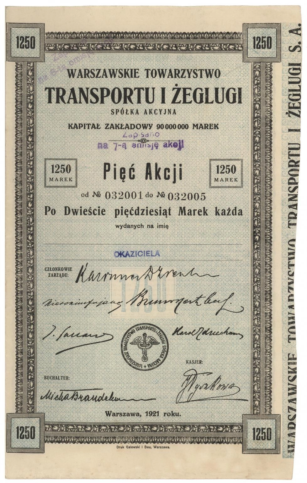 Zdjęcie akcji Warszawskie Towarzystwo Transportu i Żeglugi Spółka Akcyjna