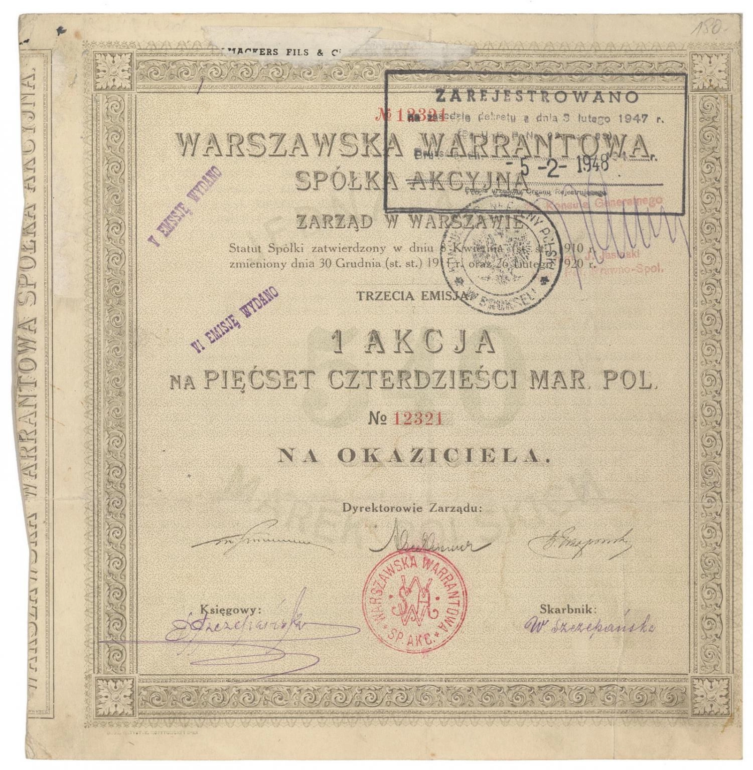 Zdjęcie akcji Warszawska Warrantowa Spółka Akcyjna