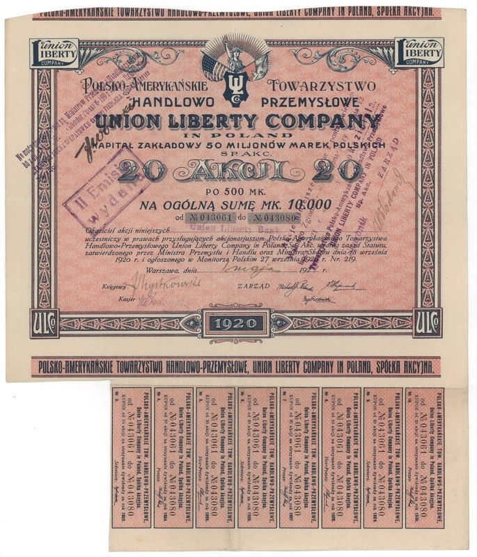 Zdjęcie akcji Polsko-Amerykańskie Towarzystwo Handlowo Przemysłowe "Union Liberty Company in Poland" Spółka Akcyjna