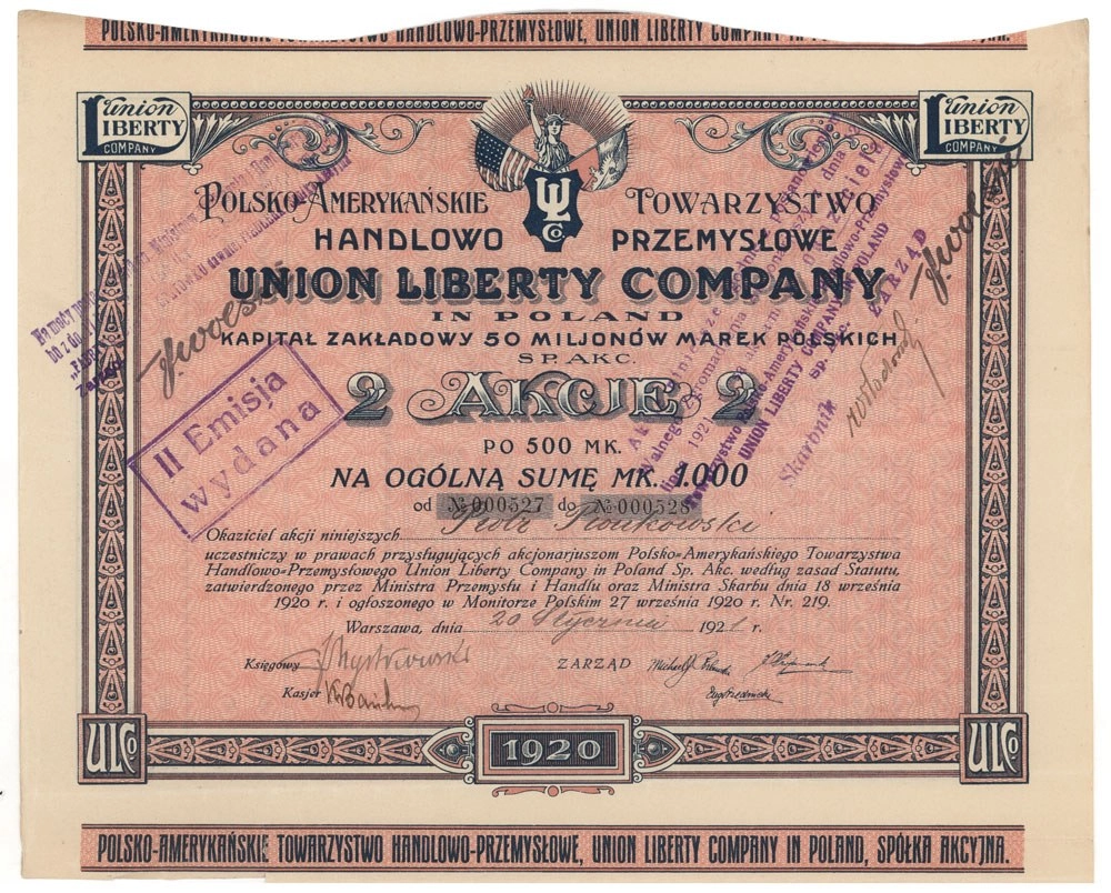 Zdjęcie akcji Polsko-Amerykańskie Towarzystwo Handlowo Przemysłowe "Union Liberty Company in Poland" Spółka Akcyjna