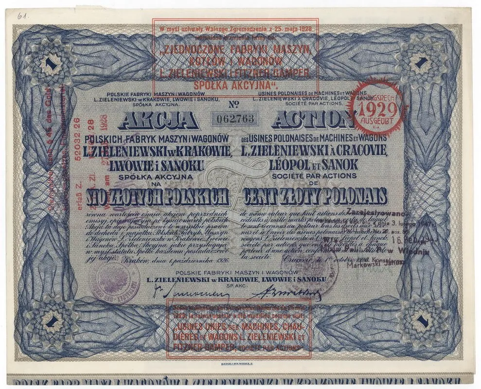 Zdjęcie akcji Polskie Fabryki Maszyn i Wagonów "L. Zieleniewski" w Krakowie, Lwowie i Sanoku, Spółka Akcyjna