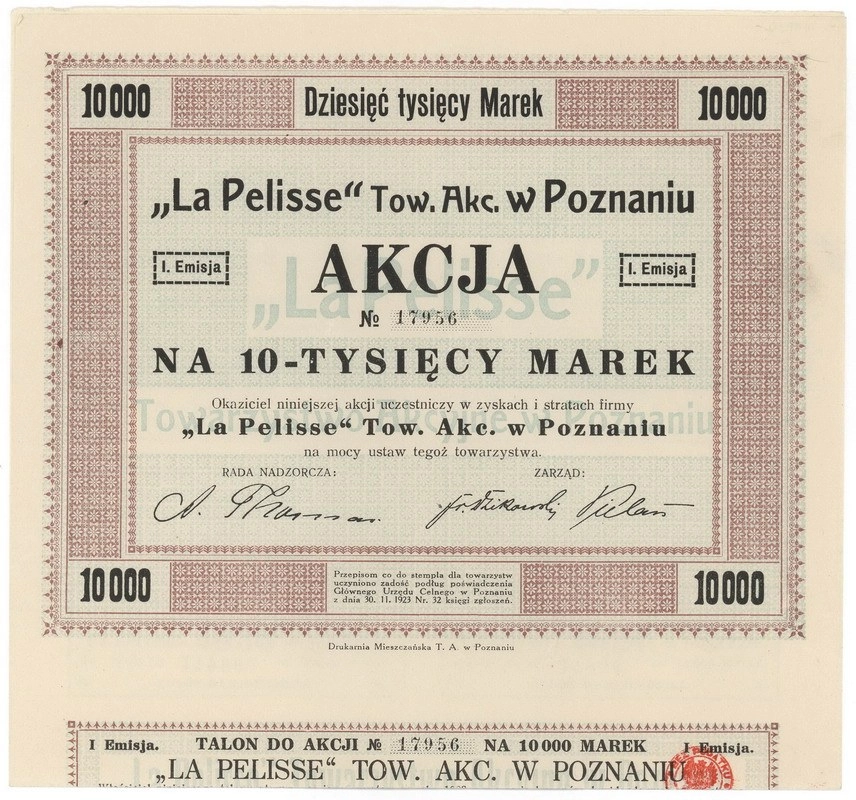 Zdjęcie akcji "La Pelisse" Towarzystwo Akcyjne w Poznaniu