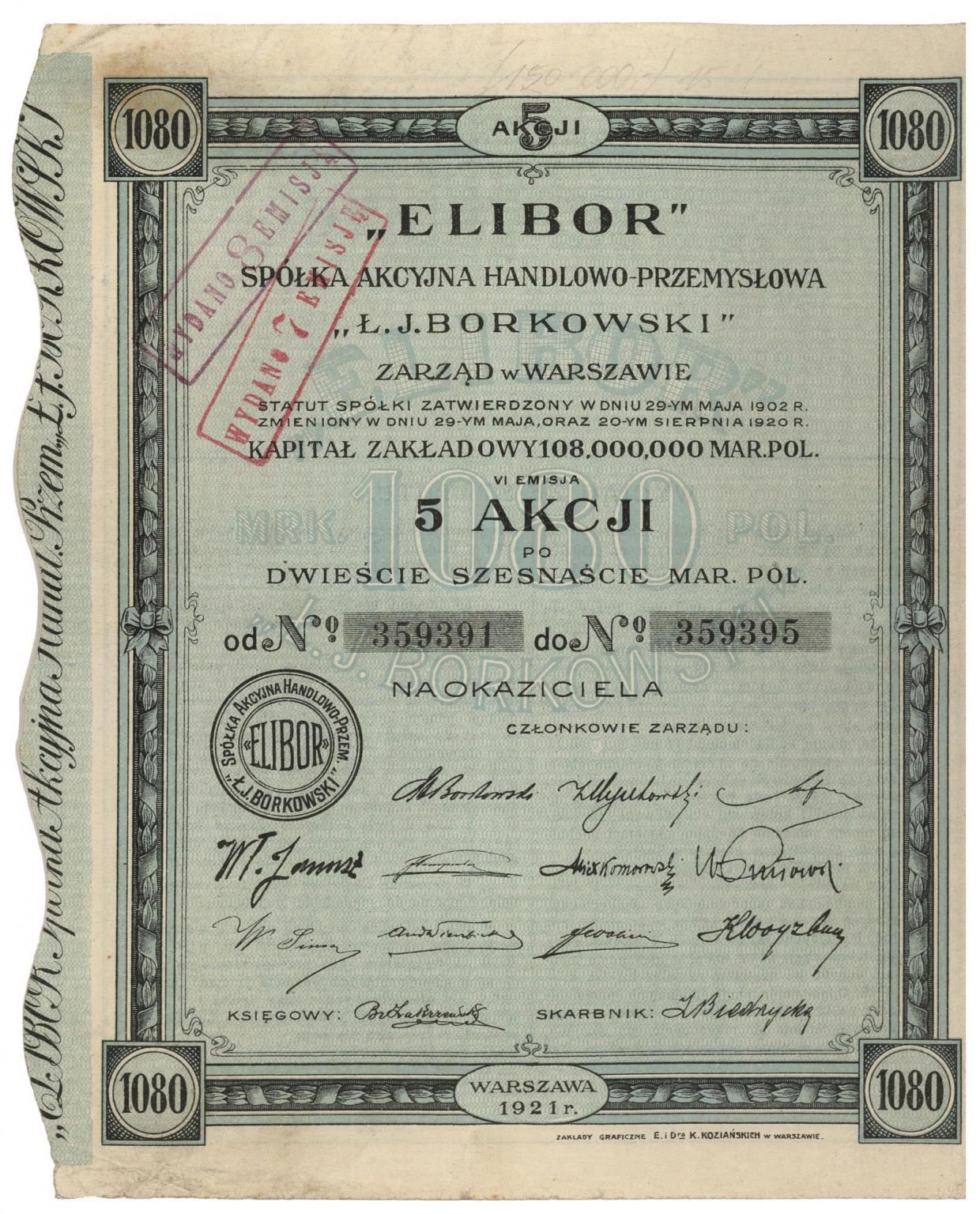 Zdjęcie akcji "Elibor" Spółka Akcyjna Handlowo-Przemysłowa "Ł. J. Borkowski"