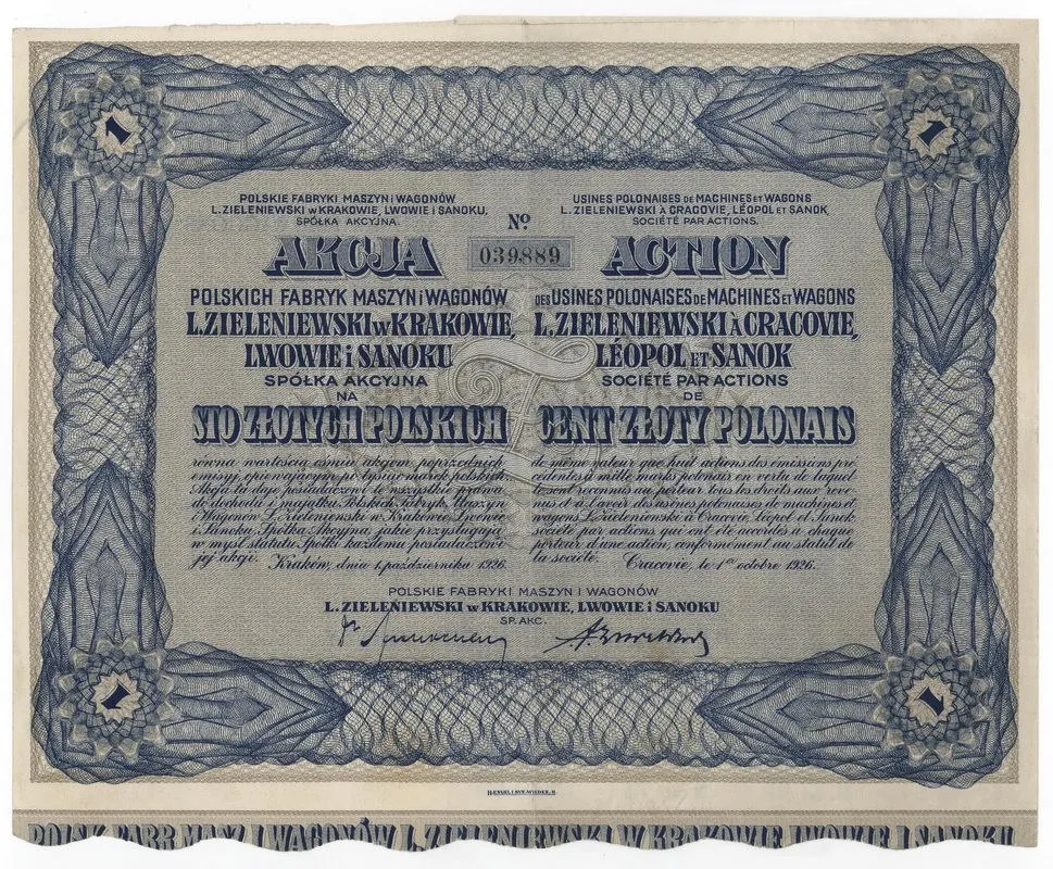 Zdjęcie akcji Polskie Fabryki Maszyn i Wagonów "L. Zieleniewski" w Krakowie, Lwowie i Sanoku, Spółka Akcyjna