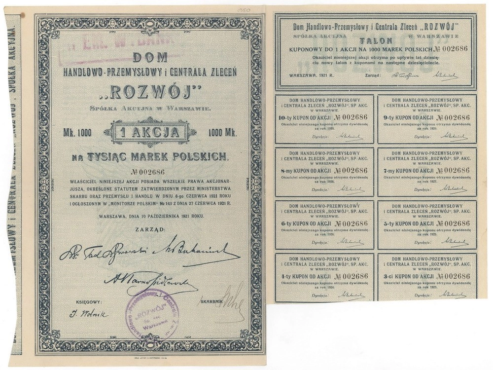 Zdjęcie akcji Dom Handlowo-Przemysłowy i Centrala Zleceń "Rozwój" Spółka Akcyjna w Warszawie