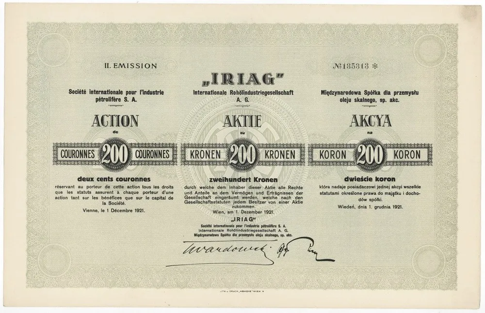Zdjęcie akcji "IRIAG" Międzynarodowa Spółka dla Przemysłu i Oleju Skalnego, Spółka Akcyjna