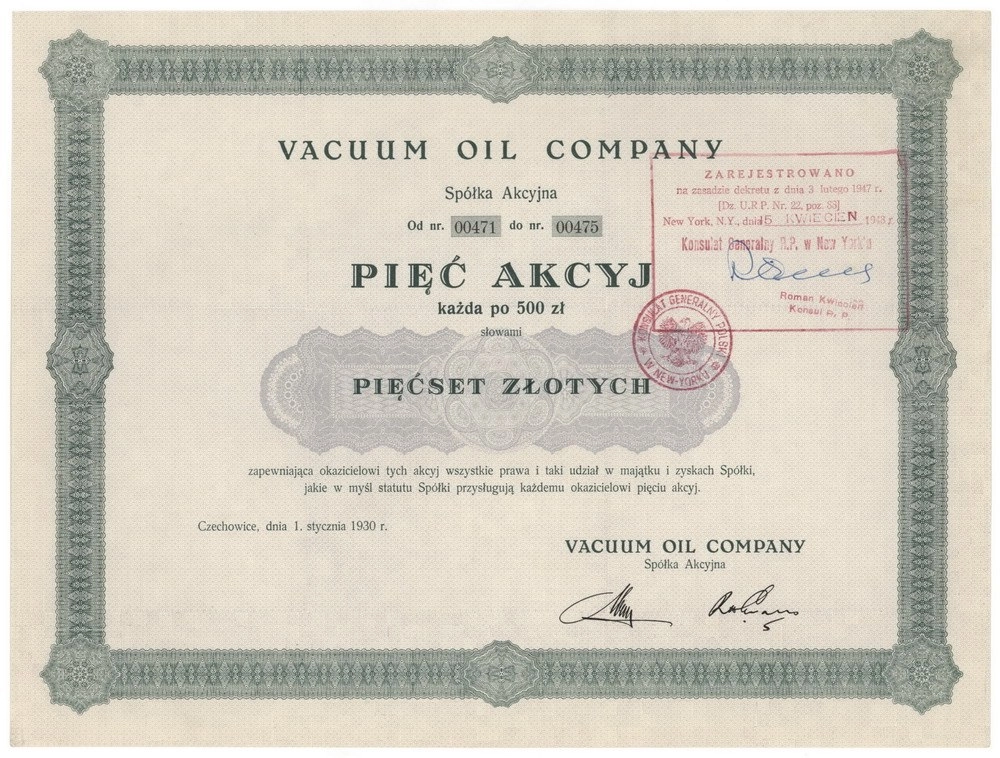 Zdjęcie akcji Vacuum Oil Company Spółka Akcyjna