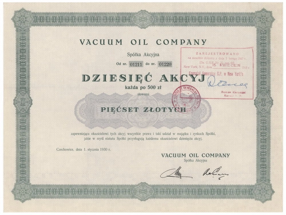 Zdjęcie akcji Vacuum Oil Company Spółka Akcyjna