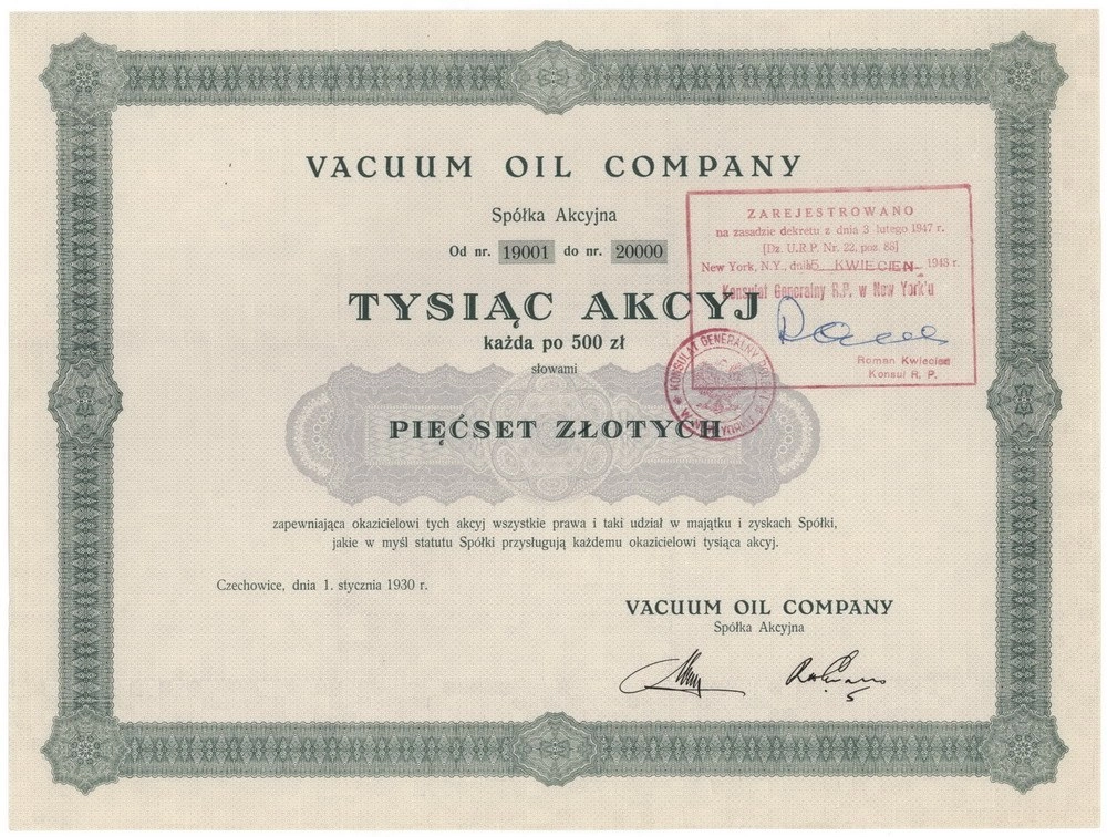 Zdjęcie akcji Vacuum Oil Company Spółka Akcyjna