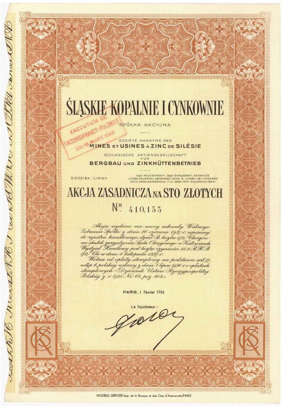 Zdjęcie akcji Śląskie Kopalnie i Cynkownie Spółka Akcyjna