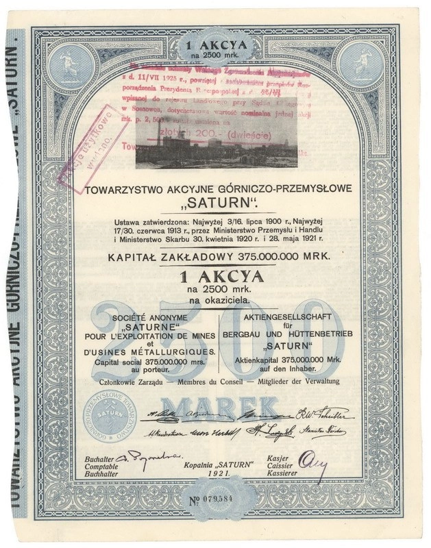 Zdjęcie akcji Towarzystwo Górniczo-Przemysłowe "Saturn" Spółka Akcyjna